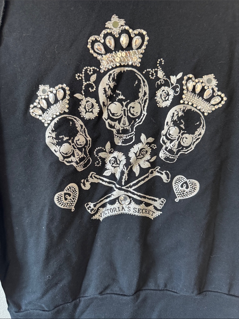 Victoria's Secret Black Zip Up Sweatshirt with Rhinestoned Skulls